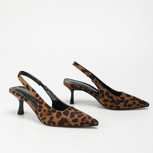Generic Women's Black Slingback Heels with Pointed Toe, 3 in Heel (168-1Leopard Print, Adult, Women, 7, Numeric, US Footwear Size System, Wide), 109-14