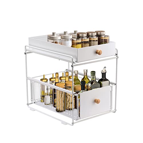 SEEZSSA Unterspülbecken-Organizer, 2-stöckiges Aufbewahrungsregal mit herausziehbarer Korbschublade, rutschfeste Füße, Edelstahl, Mehrzweck-Unterschrank, schmaler Organizer für Küche, Weiß Cover