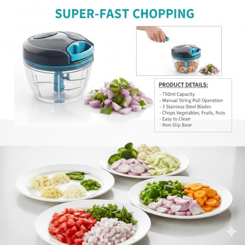 Image of Vegetable Chopper Manual Food Chopper, Black Blue, 500 Milliliters | Stainless Steel Blades, Onion Cutter, Garlic Cutter, Chilli Cutter