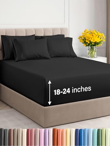Extra Deep Cal King Sheet Set - 6 Piece Breathable & Cooling Sheets - Hotel Luxury Bed Sheets Set - Easy & Secure Fit - Soft, Wrinkle Free & Comfy Sheets Set - Black Sheet Set with Extra Deep Pockets - 8