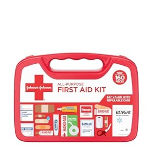 Johnson & Johnson All-Purpose Portable Compact First Aid Kit for Minor Cuts, Scrapes, Sprains & Burns, Ideal for Home, Car, Travel, Camping and Outdoor Emergencies, 160 Pieces