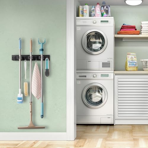 Image of OUTNILI Black Mop Broom Holder Wall Mount with 3 Slots & 4 Hooks - Wood Broom Mop Hanger for Pantry Kitchen Organization - Garden Tool Organizer for Closet Laundry Room