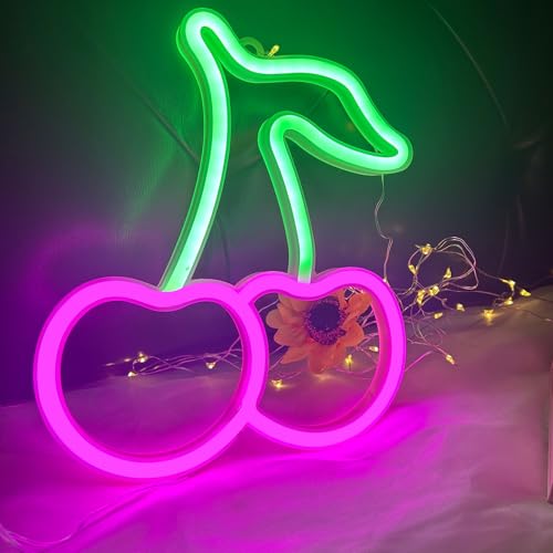 Image of Cherry Neon Sign Pink Green Cherries Neon Lights Cute Fruits LED Signs for Kids Room Restaurant Bar Fruit Shop USB Battery Neon Signs for Wall Decor