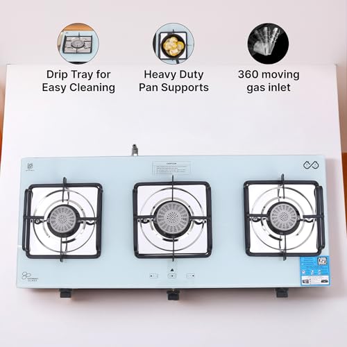 Image of Thermador Gas Stove 3 Burners with Battery Less Auto Ignition | Gas Saver Tornado Burner 3 Burner Gas Stove | Premium White Glass | ISI Certified | 1 Yr Manufacturer Warranty