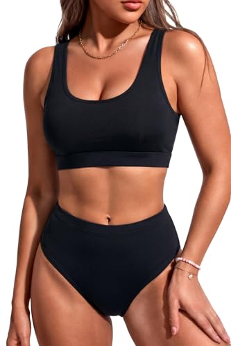 Tempt Me Women Black Sporty Bikini Set Two Piece High Waisted Swimsuit Athletic Scoop Neck Bathing SuitL