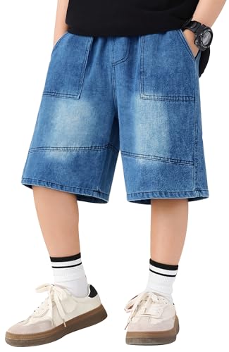 Image of Happy Cherry Boys' Denim Shorts Elastic Waist Baggy Y2K Trendy Short Pants Streetwear Summer Casual Jean Jorts 11-12Y Deep Blue