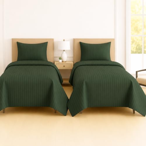 Image of DECOR2ADMIRE 300 Thread Count Premium Glace Cotton Plain Stripe Single Bedsheet with One Pillow Cover (60 inch x 90 inch) (Dark Green, Pack of 2)