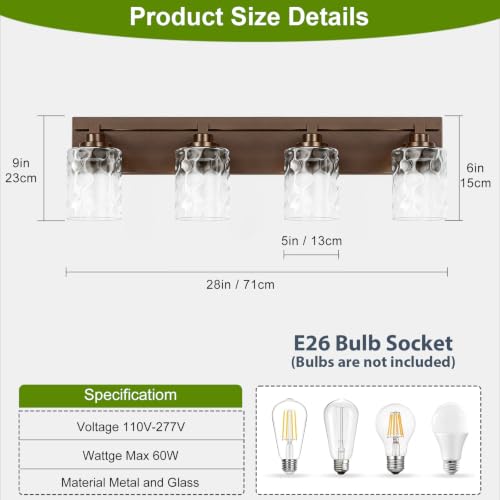Image of Bathroom Light Fixtures,4-Light Oil Rubbed Bronze Vanity Lights Over Mirror | Modern Wall Light,Clear Ripple Glass Shade,Sturdy Metal Frame,For Bathroom Remodel,Easy Install,E26 Socket,ETL-Listed 28-inch