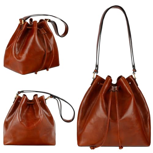 Image of Time Resistance Leather Bucket Bag - Full-Grain Leather Handbag for Women - Italian Handmade Shoulder Bag