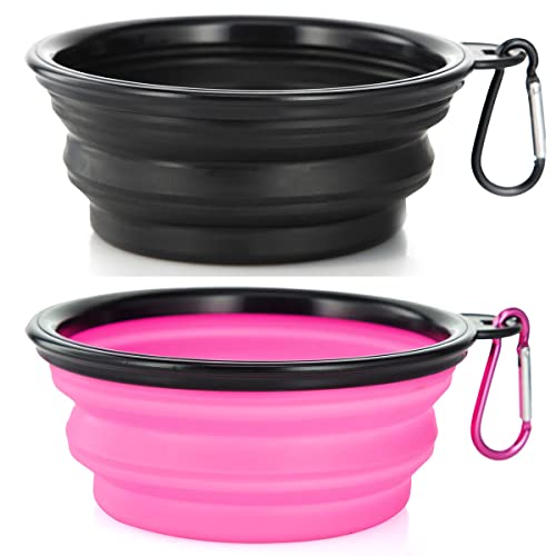 Image of SLSON Plastic Dog Bowl Pet Collapsible Bowls,2 Pack ,Portable Pet Feeding Watering Dish For Walking Parking Traveling With 2 Carabiners (Small,Black & Pink) 12.7 Cm,9 Cm,5.5 Cm