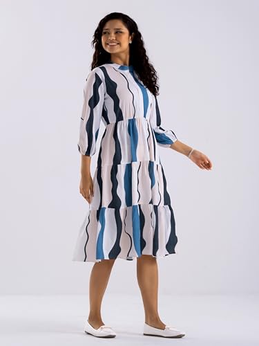 Image of AASK Women Diamond Creap Striped Printed Mandarin Collar Fit & Flare Dresss