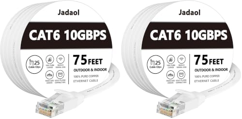 Image of Jadaol Cat6 Ethernet Cable 75FT with Clips 10Gbps Flat Network Cable, White (Pack of 2)