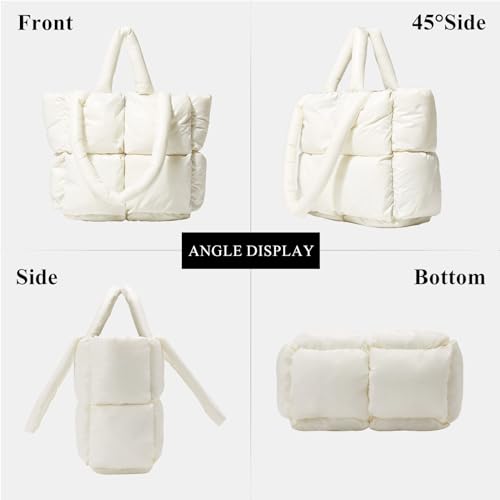 OWGSEE Puffer Tote Bag, Weiche Puffy Taschen für Frauen Leichte Winter Daunen Baumwolle Gepolsterte Gesteppte Tragetasche Schulter Handtasche Geldbörse, Weiss/opulenter Garten, Medium