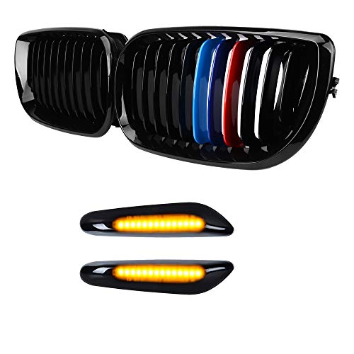 Gloss Black M-Color Front Kidney Grille w/ T10 Smoked Turn Signal Indicator Side Marke Light Compatible with BMW 2002-2005 E46 320i 325i 330i 4DR LCI