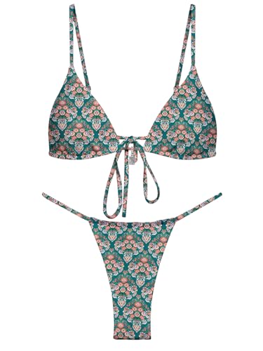 Image of OWICA Women's Sexy Triangle Bikini Sets Cheeky Thong Swimsuit Adjustable Spaghetti Straps Bathing Suit Blue Floral