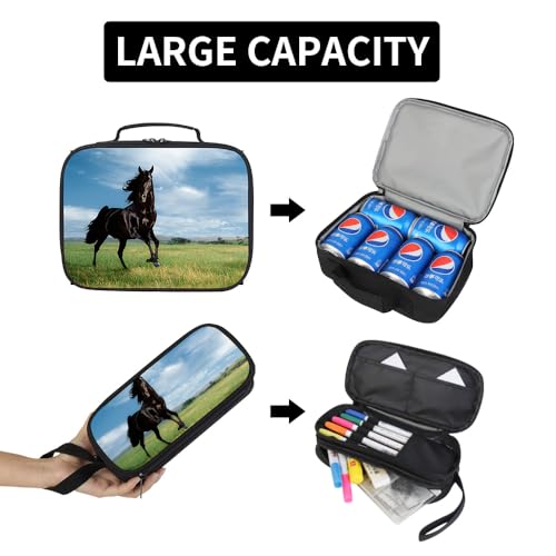 Durable School Backpack Horse Print Bookbag Lunch Cooler Bag Pencil Case4