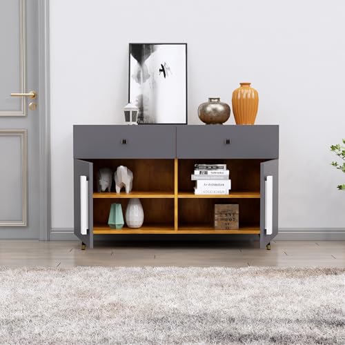 Image of Bniture Storage Cabinet Wooden for Living Room Sideboard with 2 Drawer and 2 Door | Storage Organizer Chest of Drawer Cabinet for Home Hallway Drawing Room Bedroom Kitchen | Giant Wood & Slate Grey