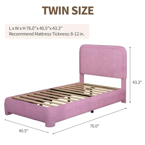 Image of BarnFurin Twin Bed Frame, Cloud Boucle Headboard, Low Profile, Rose Pink