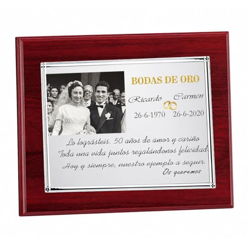 Curia Grabador - Placa Conmemorativa de 50 Aniversario Grabada en Madera - Placa grabada personalizada Con Foto y Texto a Elección - Regalos bodas de oro en madera