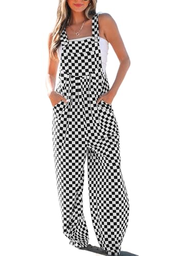 Apvirdy Womens Summer Checkered Printed Jumpsuits Sleeveless Button Straps Wide Leg Casual Overalls with Pockets