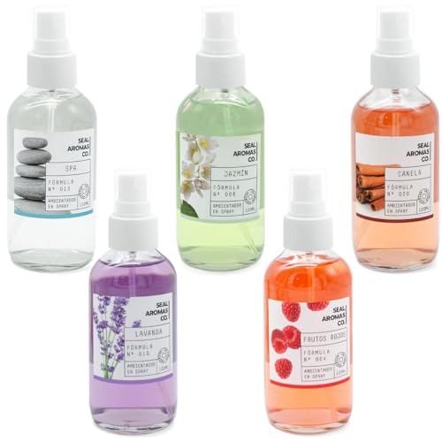 SEAL AROMAS Pack 5 Ambientadores en Spray Essential – Jazmín, Canela, Lavanda, Frutos Rojos y Spa – Pulverizador Regulable – Aroma Duradero y Fresco para Hogar – 5×120 ml