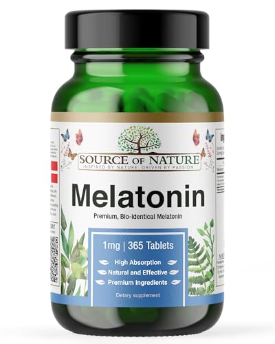 Melatonin 1 mg | 365 Tabletten | Hochdosiert | 1 Jahre Vorrat | Ohne Zusatzstoffe | Vegan | Laborgeprüft | Hergestellt in Dänemark | Source of Nature