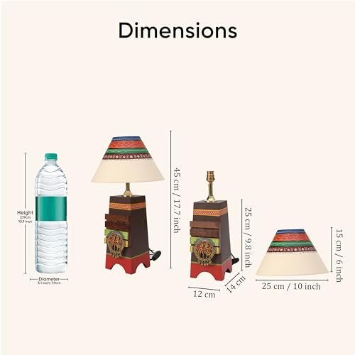 Image of AAKRITI ART CREATIONS Pyramid Wooden Table Lamp in Brown with Brass Motifs & Tribal Paintings with White Shade | Madhubani Art | Multi Color Wooden Lamp | Matte Finish Home Decor Lamp