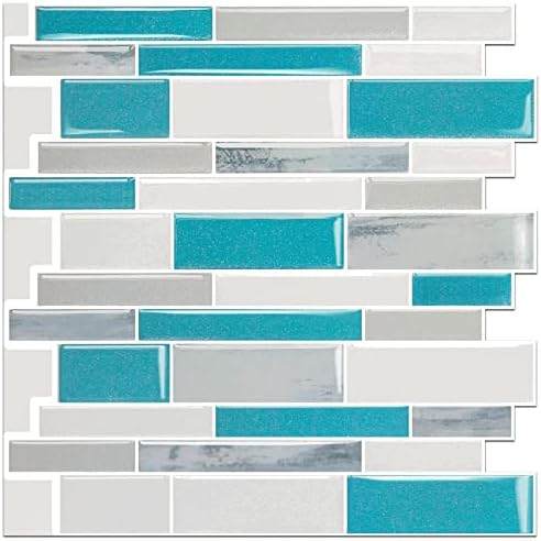 TenasHome 10-Sheets Backsplash Peel and Stick Subway Tile Stick on Kitchen Bathroom Countertop Stove in Vinyl Marble Blue&White,Thicker