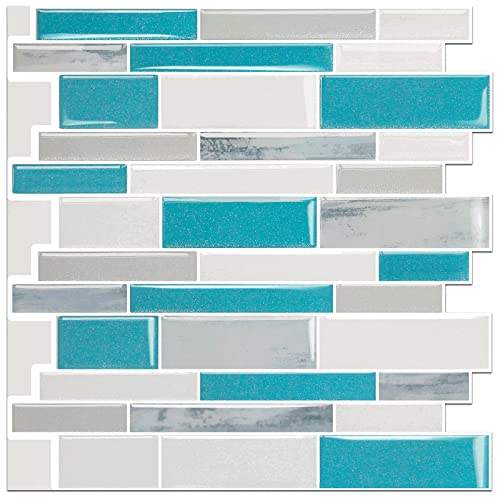 Tenashome 10-Sheets Backsplash Peel And Stick Subway Tile Stick On Kitchen Bathroom Countertop Stove In Vinyl Marble Blue&White,Thicker #TOP14