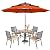 PHI VILLA 5 Pieces Patio Dining Set for 4 with 10ft Patio Umbrella, Metal Outdoor Stackable Wrought Iron Chair Set of 4 & 37" Metal Wood-Like Dining Table,3 Tier Vented Market Table Beige Umbrella