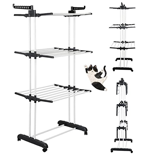 HUOLE Étendoir à Linge Pliable, Séchoir à Linge 4 Niveaux, acec Ailes Latérales Extensibles, avec Roues pour Intérieur Extérieur et Buanderie (75 * 64 * 170 cm (Noir + Blanc))