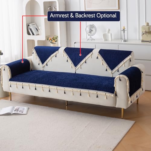 Image of HOKIPO 'Serenity Tassel' Chenille Sofa Cover 6 Seater Set with Tassels - Washable 3+2+1 Sofa Cover Mat | Sapphire Navy (IN-890 + IN-891 + IN-892 - NBL)