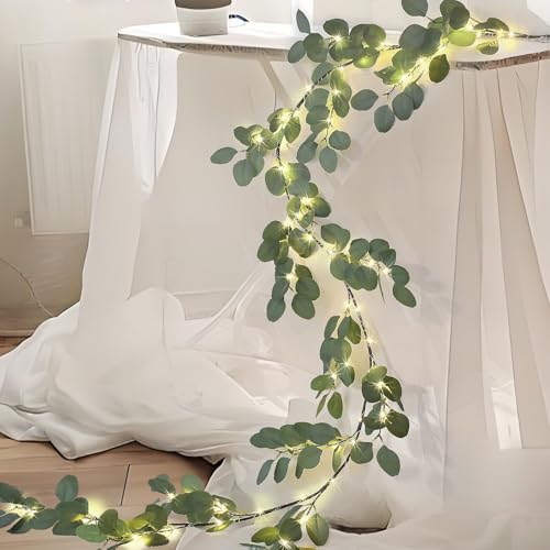 Image of 6.56FT Eucalyptus Garland with Lights 96 LEDs 8 Modes Battery Operated with Timer Faux Twig Vine Lights Spring Greenery Garlands for Mantle Fireplace Wall Table Stairs Wedding Party Bedroom Home Decor