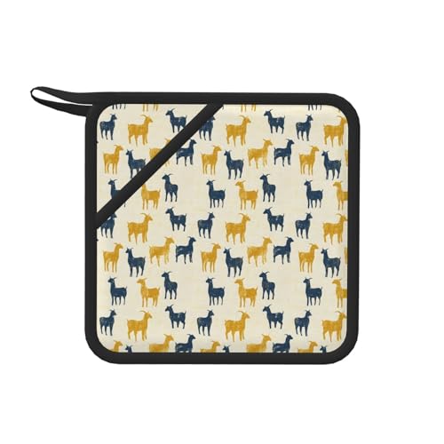 Soportes para ollas con estampado de silueta de cabra amarilla y azul para cocina, soportes de silicona con lazo para colgar, almohadillas antideslizantes para horno, agarraderas resistentes al calor