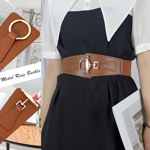 Women Wide Elastic Waist Belt for Dresses Fashion Gold Buckle Vintage Stretchy Ladies Faux Leather Belts Solid Color3