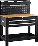 Meister Werkbank für Werkstatt und Garage – Mit LED-Arbeitsleuchte, Steckdosenleiste, 3 Schubladen – 200 kg Belastbarkeit