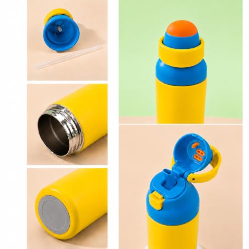 Image of HomeCloud 500ML Stainless Steel Water Bottle for Kids - Double Wall Vacuum Insulated, Leakproof Straw Lid, BPA-Free Reusable Flask with Dual Drinking Spout for School, Travel & Sports (Yellow Orange)