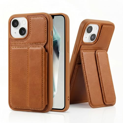 Image of amazon basics Luxury Vegan Leather Back Cover for iPhone 15 | Built-in Card Holder Slot | Integrated Mobile Stand | Slim Shockproof Protective Case with Stitched Finish - Tan