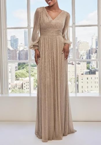 Fivsole Long Mother of The Bride Dresses for Women A-Line Chiffon Sparkly Long Sleeves Formal Evening Gowns3