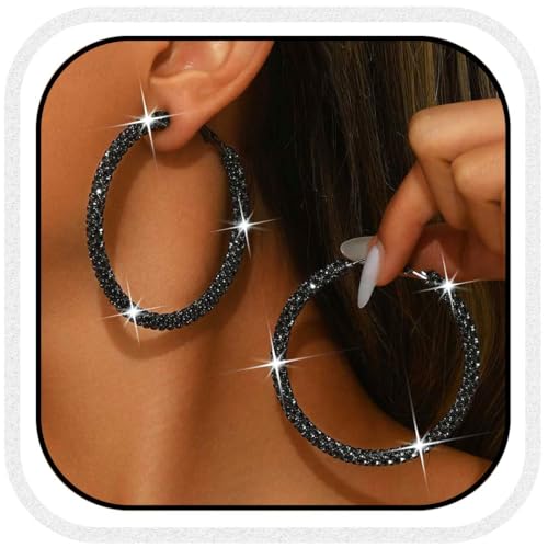 Atigy Pendientes de aro para novia con diamantes de imitación, plata brillante, aretes de aro grandes, joyería para mujer, talla única, Metal, Sin piedra preciosa