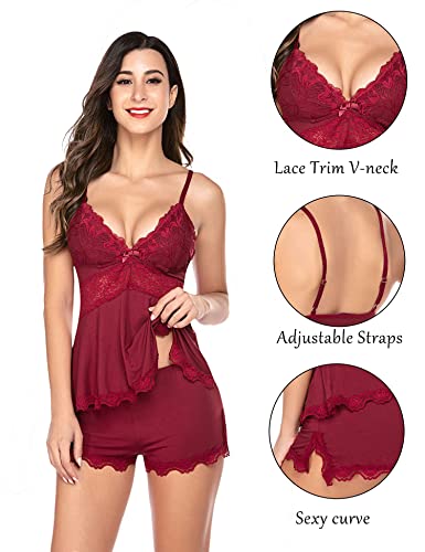 Wearella Women Sleepwear Modal Lace Chemise Nightgown Sexy Lingerie Silk Negligee Wine Red Xx-Large #TOP1