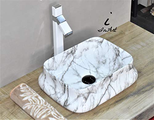 Image of InArt Designer table top wash basin for bathroom /bathroom sink /cabinet wash basin /ceramic basin /counter top basin /vanity washbasin in White Satvario Color 18 x 14 x 5.5 Inch