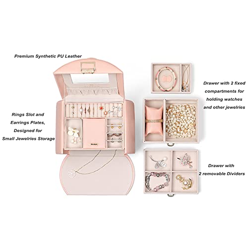 Vlando Jewelry Box Organizer, Leather Mirrored Jewelry Case In Princess Style, Necklaces Earrings Rings Watch Storage Holder, Pink #TOP1