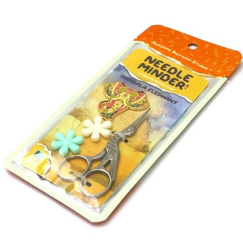Image of Needle Minder Set - Mandala Elephant Magnetic Needle Minder + 2 Needle Threaders + Crane Scissors. Enamel Pin for Cross Stitch, Embroidery and Craft