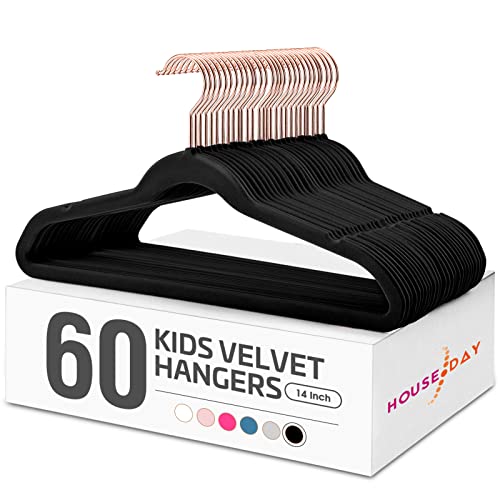 Image of House Day Velvet Kids Hangers 60 Pack, Premium Children Hangers for Closet, Ultra Thin Cute Non Slip Kid Felt Clothes Hanger 14 Inch, Small Hanger for Toddler Clothes, Black