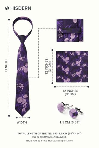 Image of HISDERN Ties for Men Paisley Tie and Pocket Square Cufflinks Set Formal Classic Floral Necktie Handkerchief Wedding Party