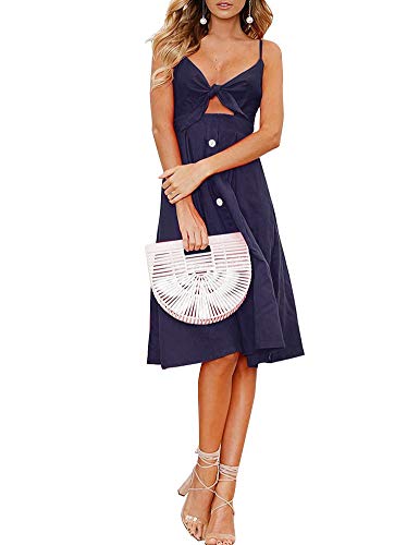 Image of FANCYINN Womens Tie Front Button Down A-Line Dresses Summer Spaghetti Strap Midi Dress Floral Prints