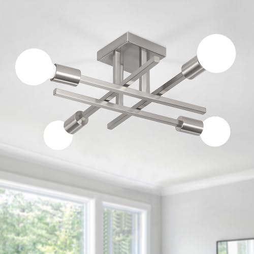 Lustre plafonnier industriel E27 à 4 lumières en nickel pour salon