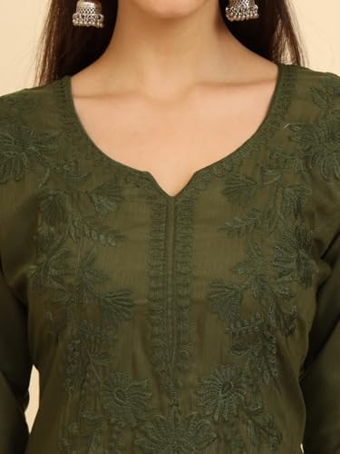 Image of Women's Chikankari-Lucknowi Embroidered Work | 3 /4 Sleeve | Knee Length | Round Neck | Cotton Fabric | Straight Kurta
