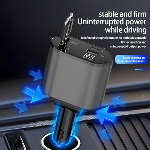 Image of 120W Fast Car Charger with Retractable Type-C Cable (80cm), 4-in-1 PD QC Car Adapter, Dual USB & Type-C Ports, 180 Rotatable with LED Voltage Display for All Smartphones & Tablets